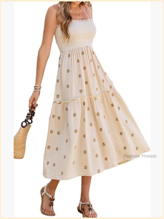 Dresses & Skirts - 100% Cotton Square Neck Sleeveless Midi Dress with Tie Shoulders and Floral